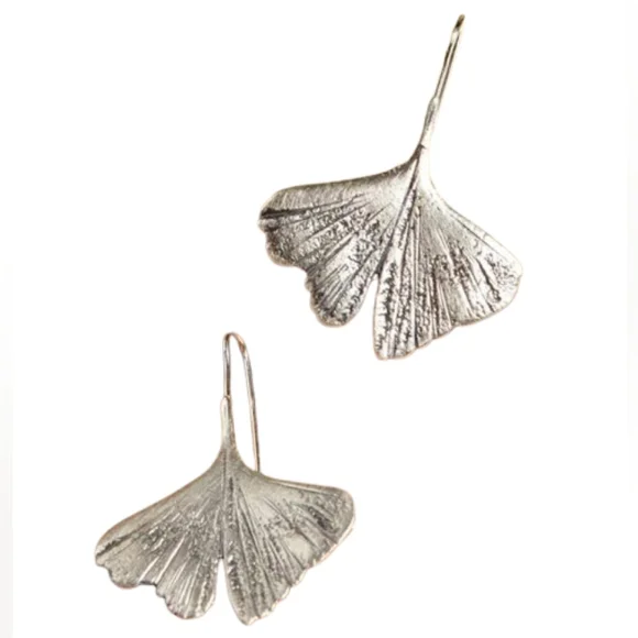 Silver Gingko Biloba Leaf Earrings 3D Leaves Nature Modern Botanical Minimalist